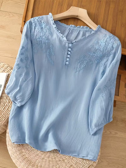 Éléna™ — Blouse élégante en lin mélangé et brodé