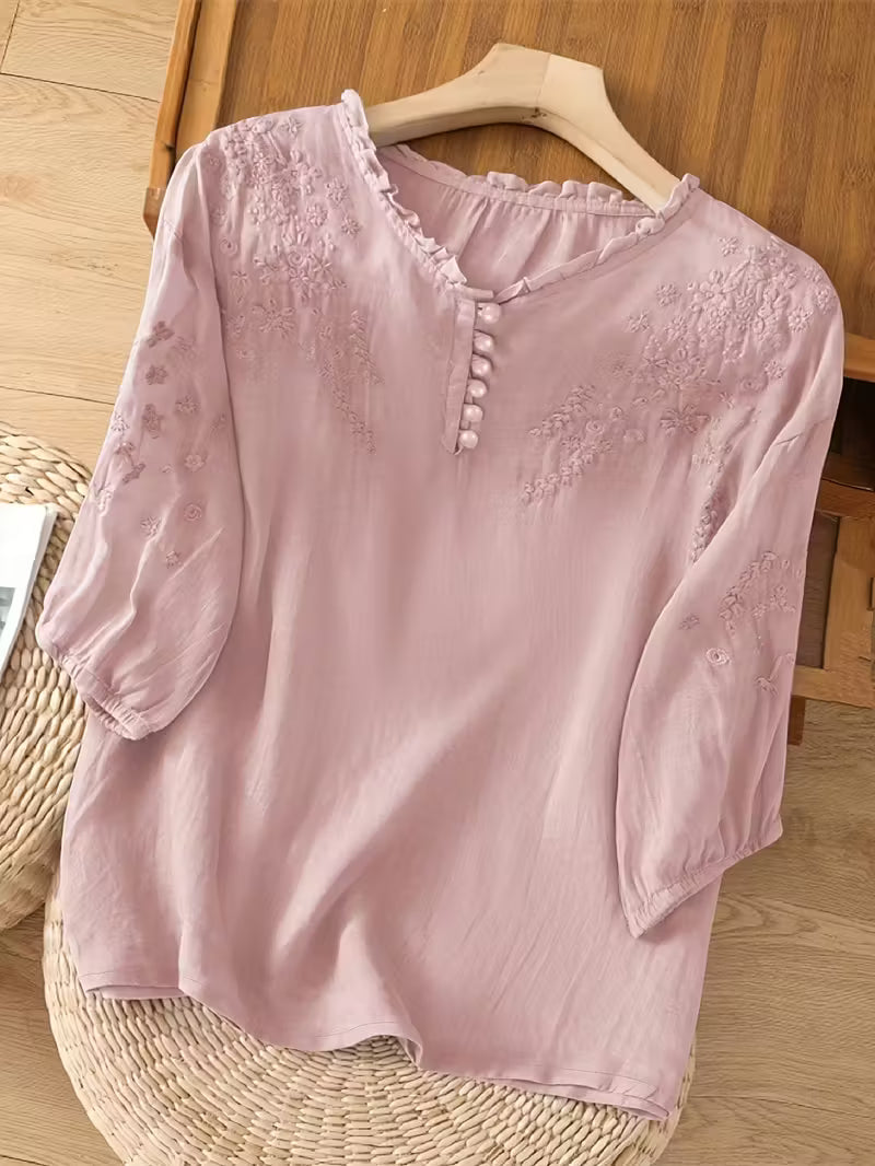 Éléna™ — Blouse élégante en lin mélangé et brodé