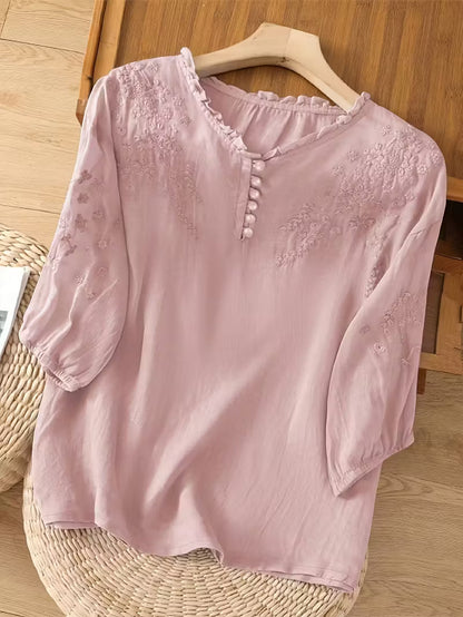 Éléna™ — Blouse élégante en lin mélangé et brodé