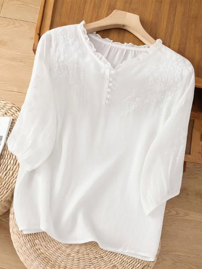 Éléna™ — Blouse élégante en lin mélangé et brodé